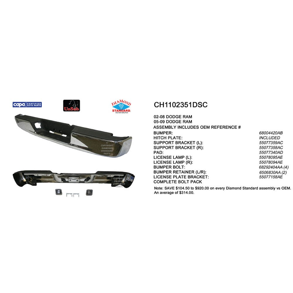 Rear Step Bumper Assembly 2002-2009 Dodge Ram 1500, Ram 2500, Ram 3500
