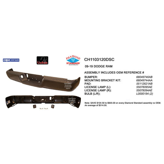 CAPA Certified Factory Style Replacement Rear Step Bumper Assembly for Dodge Ram 1500, Dodge Ram 2500, Ram 1500