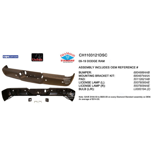 CAPA Certified Factory Style Replacement Rear Step Bumper Assembly for Dodge Ram 1500, Dodge Ram 2500, Ram 1500