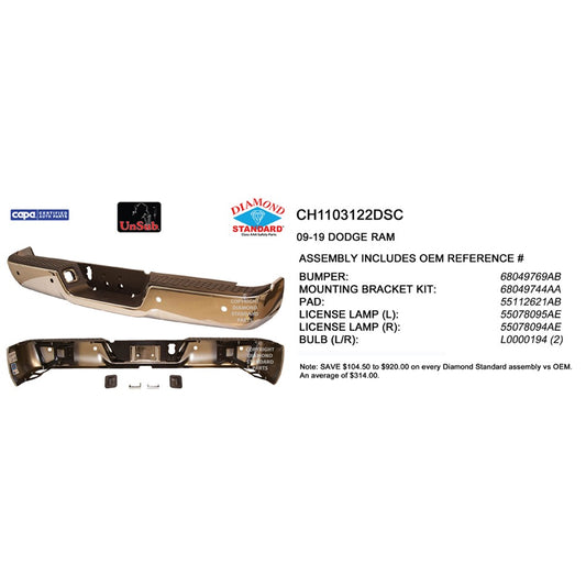CAPA Certified Factory Style Replacement Rear Step Bumper Assembly for Dodge Ram 1500, Dodge Ram 2500, Ram 1500