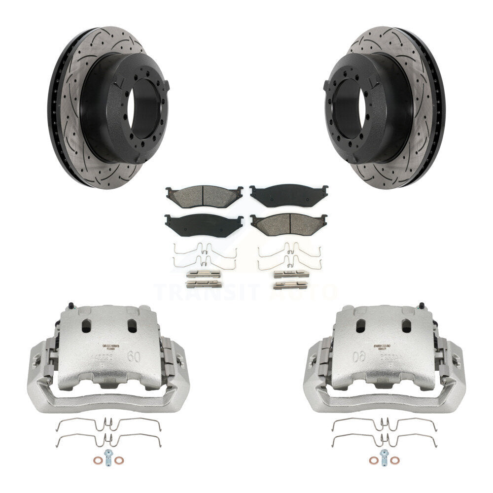 Brake Caliper Drilled Slot Rotor Semi-Metallic Pad Rear Kit For Ford F-450 Super