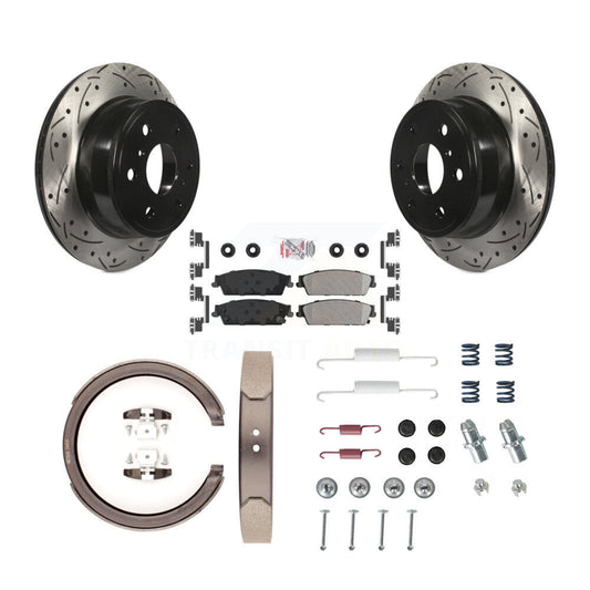Disc Drilled & Slotted Rotors Semi-Metallic Pads Parking Shoes Hardware Rear Kit For