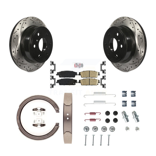 Disc Drilled & Slotted Rotors Ceramic Pads Parking Shoes Hardware Rear Kit For