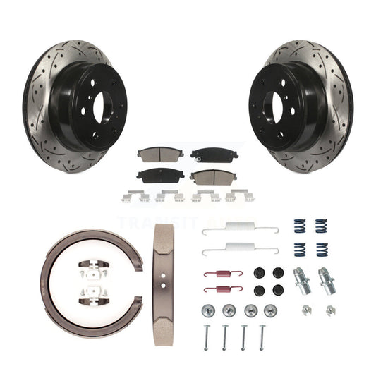 Disc Drilled & Slotted Rotors Ceramic Pads Parking Shoes Hardware Rear Kit For
