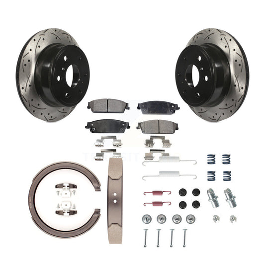 Disc Drilled & Slotted Rotors Semi-Metallic Pads Parking Shoes Hardware Rear Kit For