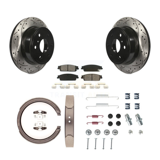 Disc Drilled & Slotted Rotors Semi-Metallic Pads Parking Shoes Hardware Rear Kit For