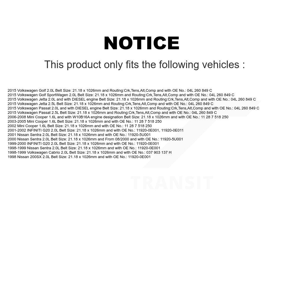 Accessory Drive Belt Alternator BAN-6PK1030 For Volkswagen Jetta Golf Mini G20