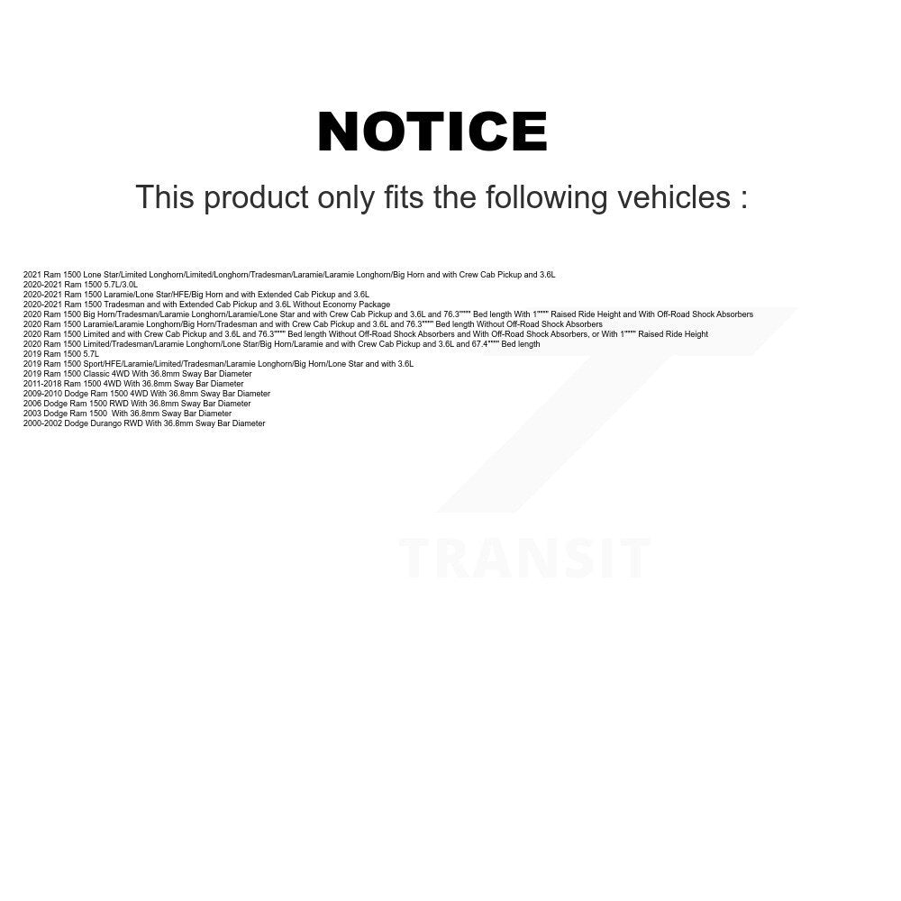 Suspension Stabilizer Bar Bushing Kit Front To Frame TOR-K7384 For Ram 1500