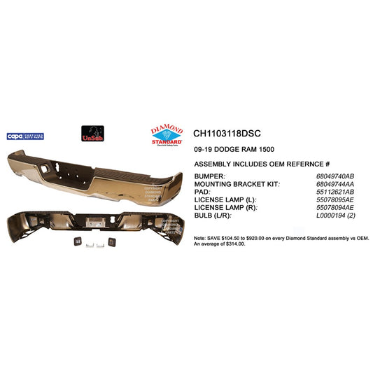 CAPA Certified Factory Style Replacement Rear Step Bumper Assembly for Dodge Ram 1500, Ram 1500