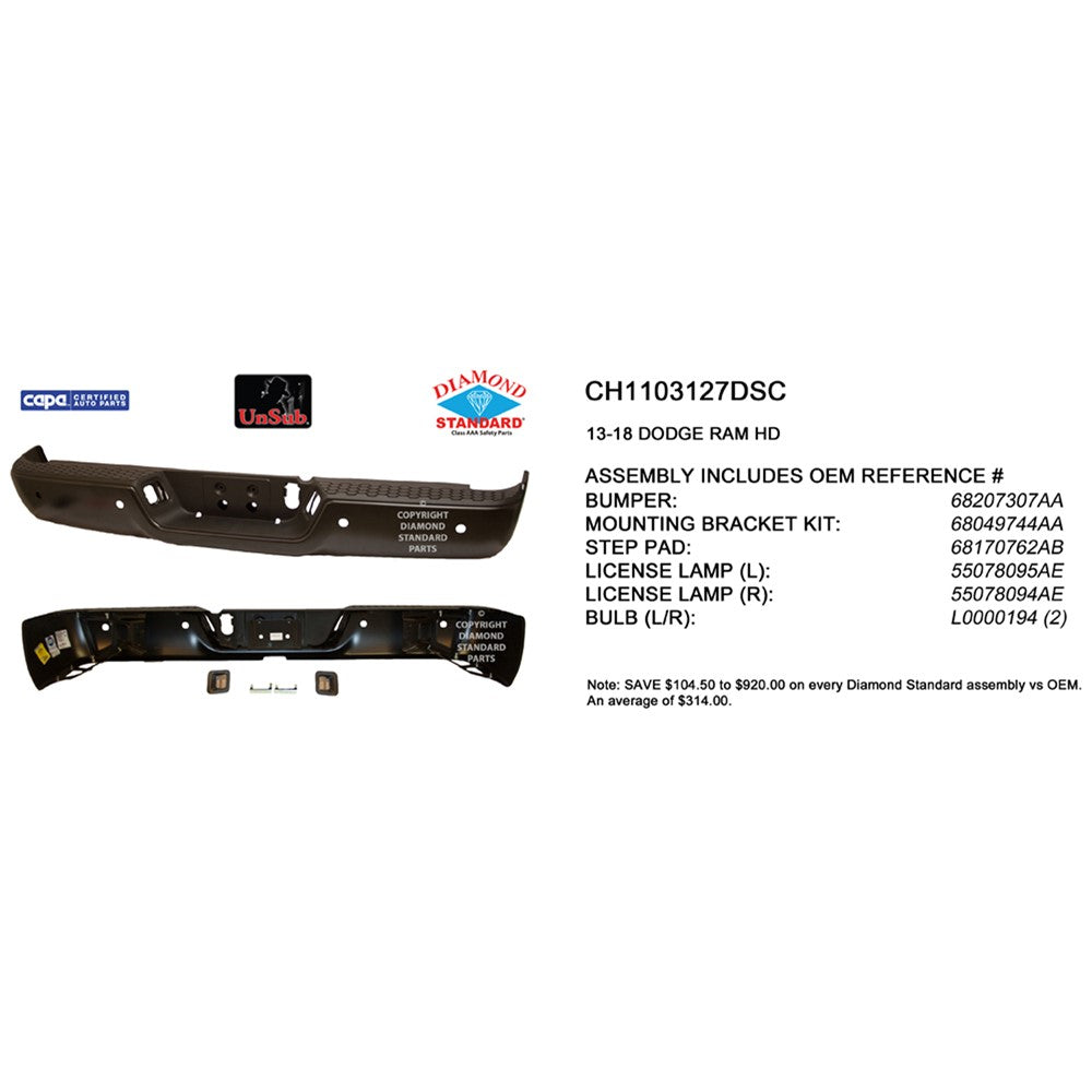 Rear Step Bumper Assembly 2013-2018 Ram 2500, 3500