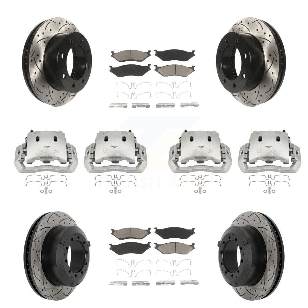 Disc Brake Coated Caliper Drilled Slotted Rotor & Ceramic Pad Front Rear Kit For