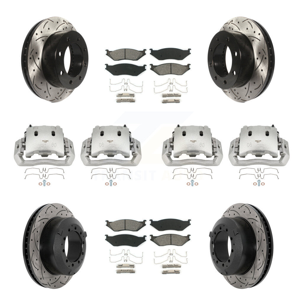 Disc Brake Coated Caliper Drill Slot Rotors Semi-Metallic Pad Front Rear Kit For