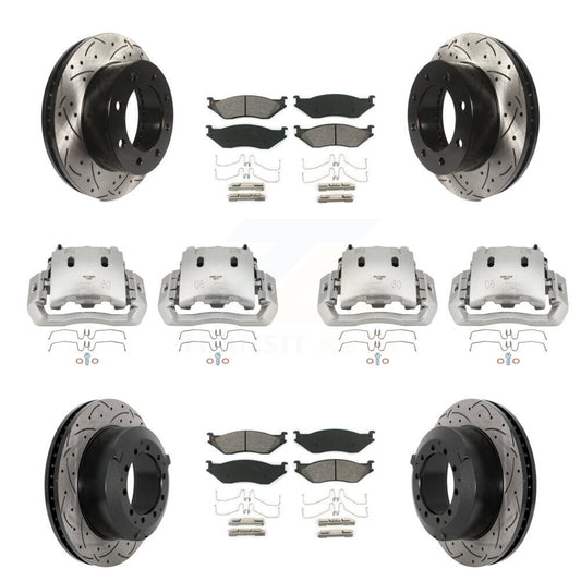 Disc Brake Coated Caliper Drill Slot Rotors Semi-Metallic Pad Front Rear Kit For