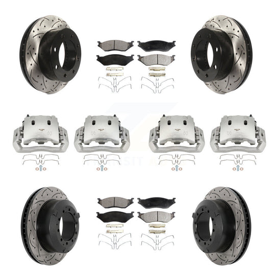 Disc Brake Coated Caliper Drill Slot Rotors Semi-Metallic Pad Front Rear Kit For