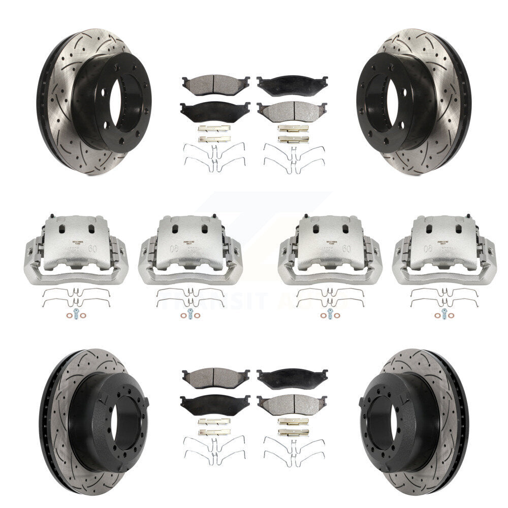 Disc Brake Coated Caliper Drilled Slotted Rotor & Ceramic Pad Front Rear Kit For