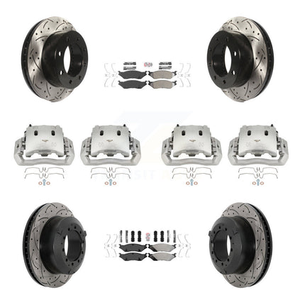 Disc Brake Coated Caliper Drill Slot Rotors Semi-Metallic Pad Front Rear Kit For