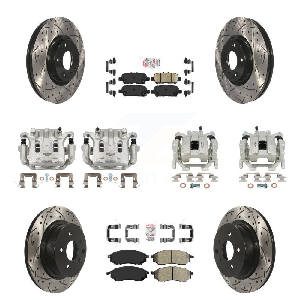 Brake Coat Caliper Drill Slot Rotor Semi-Metallic Ceramic Pad Front Rear Kit For