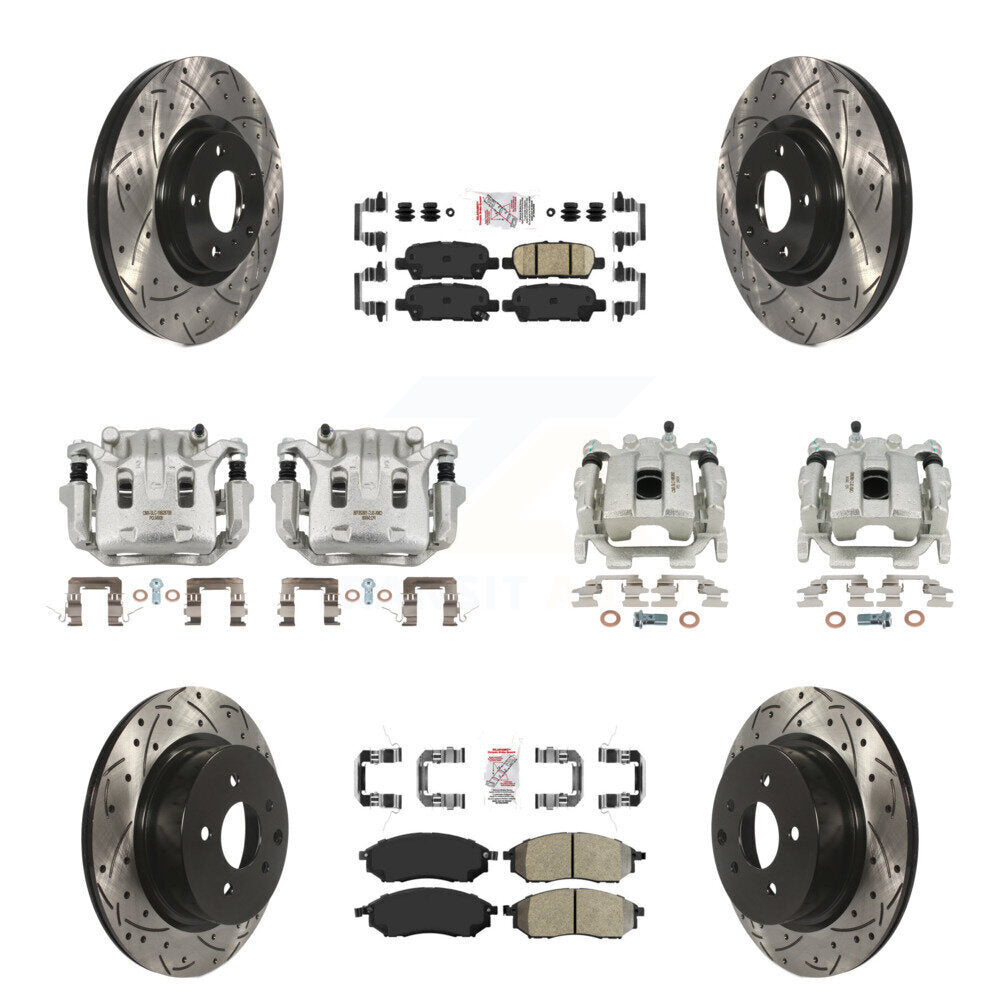 Brake Coat Caliper Drill Slot Rotor Semi-Metallic Ceramic Pad Front Rear Kit For