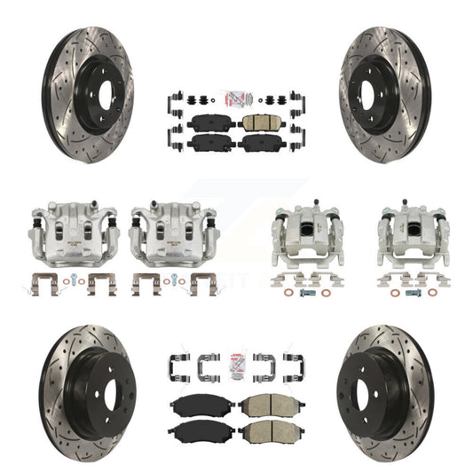 Brake Coat Caliper Drill Slot Rotor Semi-Metallic Ceramic Pad Front Rear Kit For