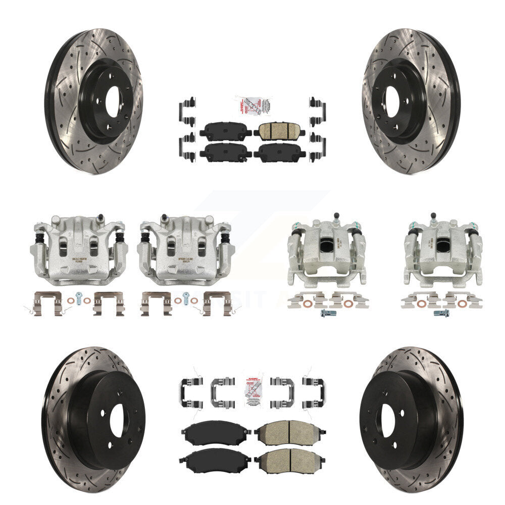 Brake Caliper Drill Slot Rotor Semi-Metallic Ceramic Pad Front Rear Kit For QX70