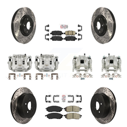 Brake Caliper Drill Slot Rotor Semi-Metallic Ceramic Pad Front Rear Kit For QX70