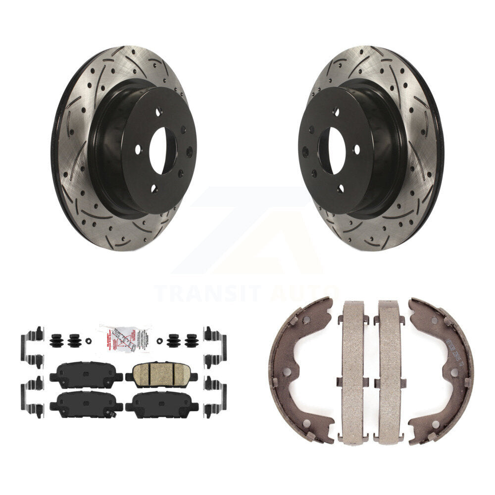 Disc Drilled & Slotted Rotors Ceramic Pads Parking Shoes Rear Kit For INFINITI
