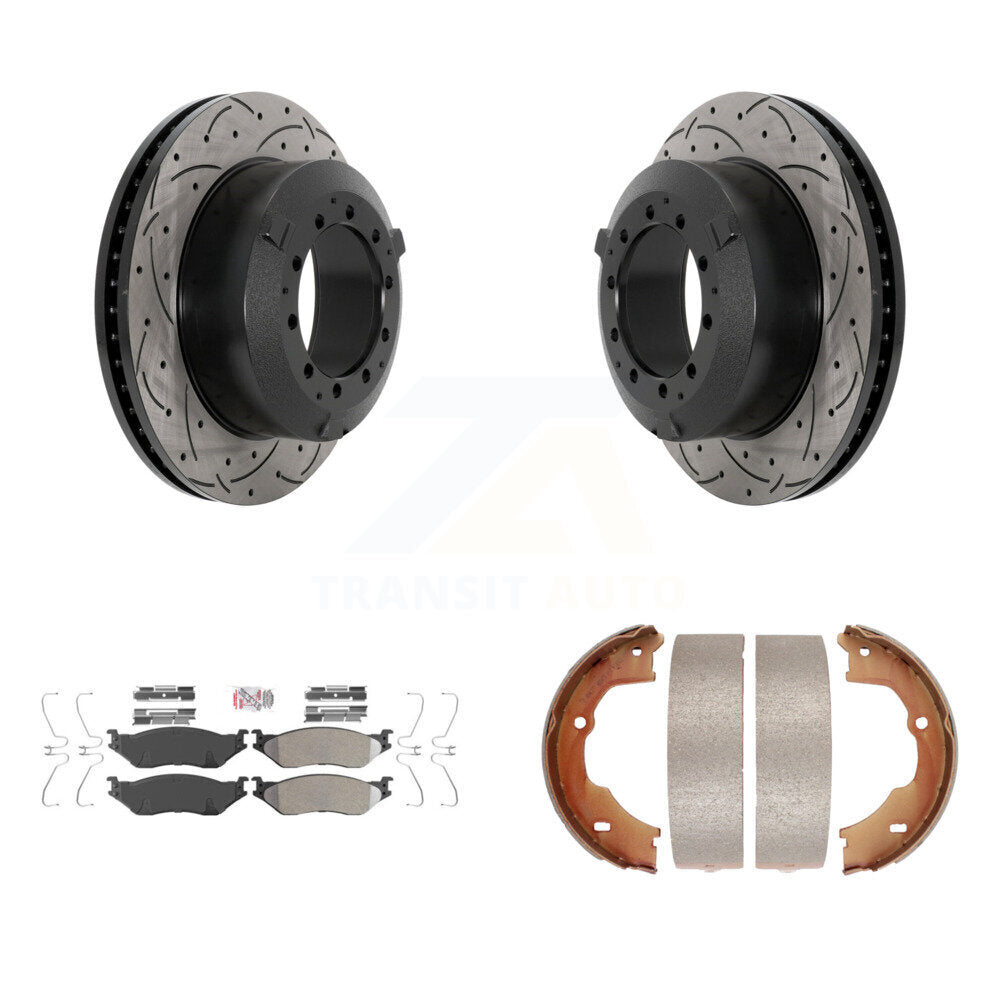 Disc Drilled & Slotted Rotors Semi-Metallic Pads Parking Shoes Rear Kit For Ford