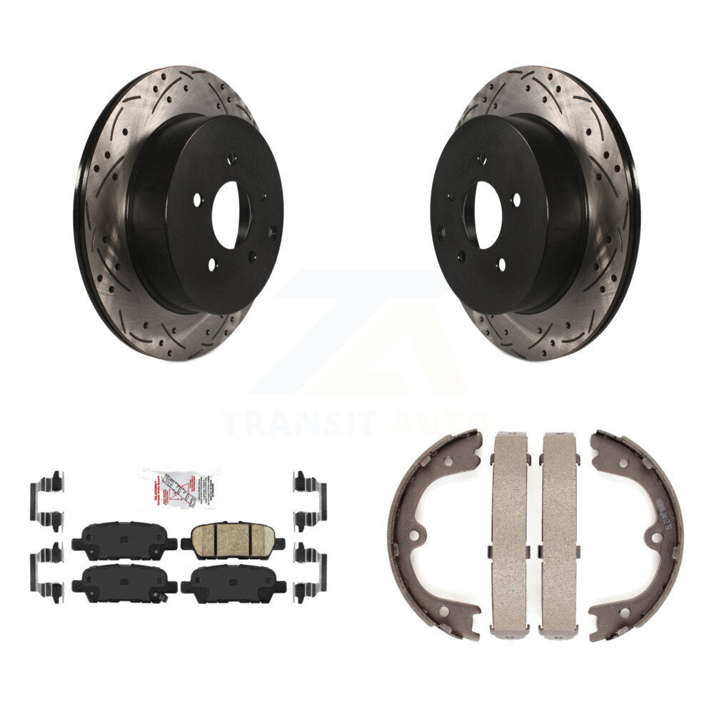 Disc Drilled & Slotted Rotors Ceramic Pads Parking Shoes Rear Kit For Nissan Q50