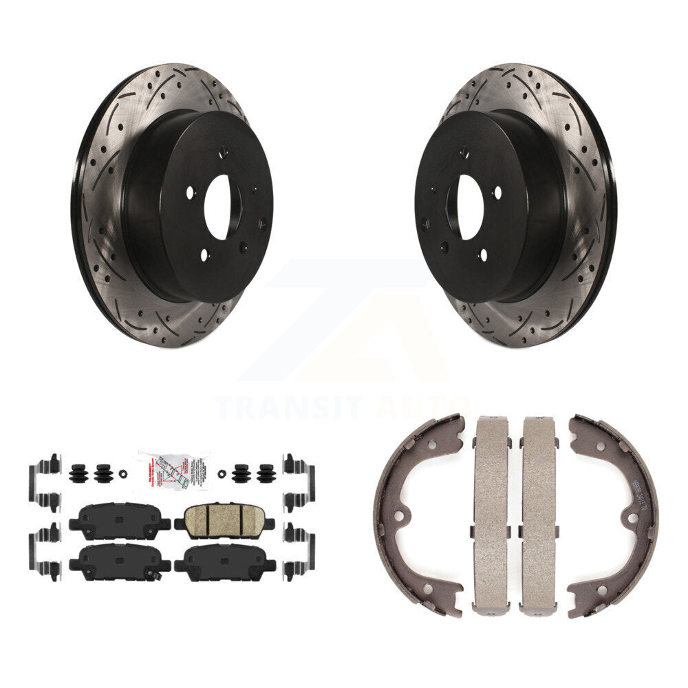 Disc Drilled & Slotted Rotors Ceramic Pads Parking Shoes Rear Kit For Nissan Q50