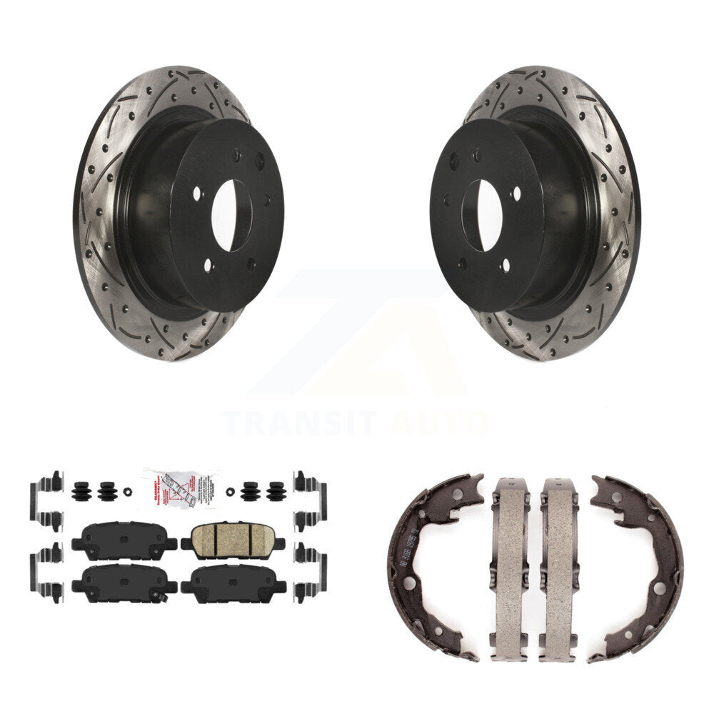Disc Drilled & Slotted Rotors Ceramic Pads And Parking Shoes Rear Kit For Nissan