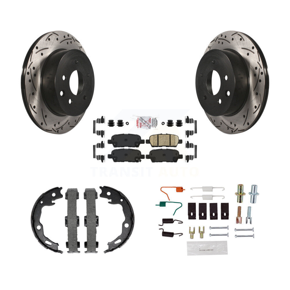 Disc Drilled & Slotted Rotors Ceramic Pads Parking Shoes Hardware Rear Kit For