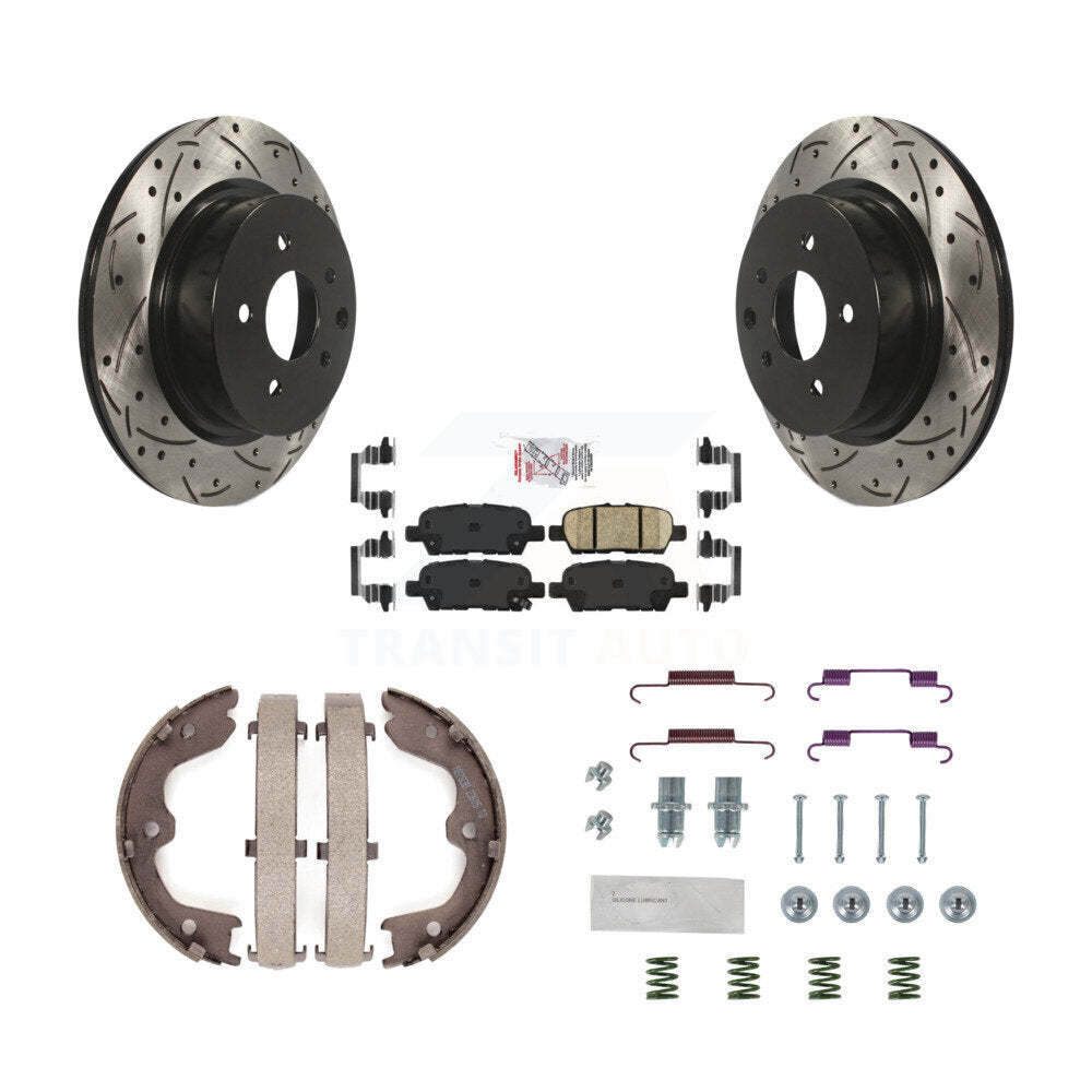 Disc Drilled & Slotted Rotors Ceramic Pads Parking Shoes Hardware Rear Kit For