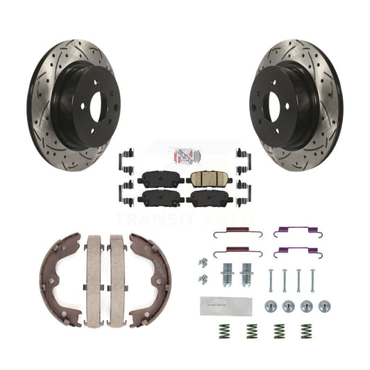 Disc Drilled & Slotted Rotors Ceramic Pads Parking Shoes Hardware Rear Kit For
