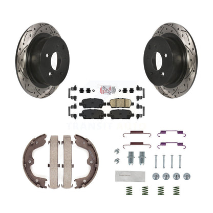 Disc Drilled & Slotted Rotors Ceramic Pads Parking Shoes Hardware Rear Kit For