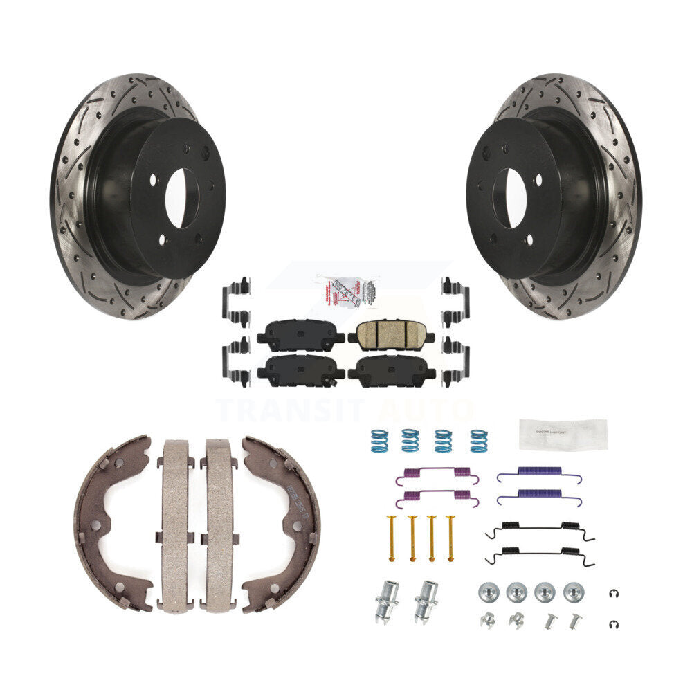 Disc Drilled & Slotted Rotors Ceramic Pads Parking Shoes Hardware Rear Kit For
