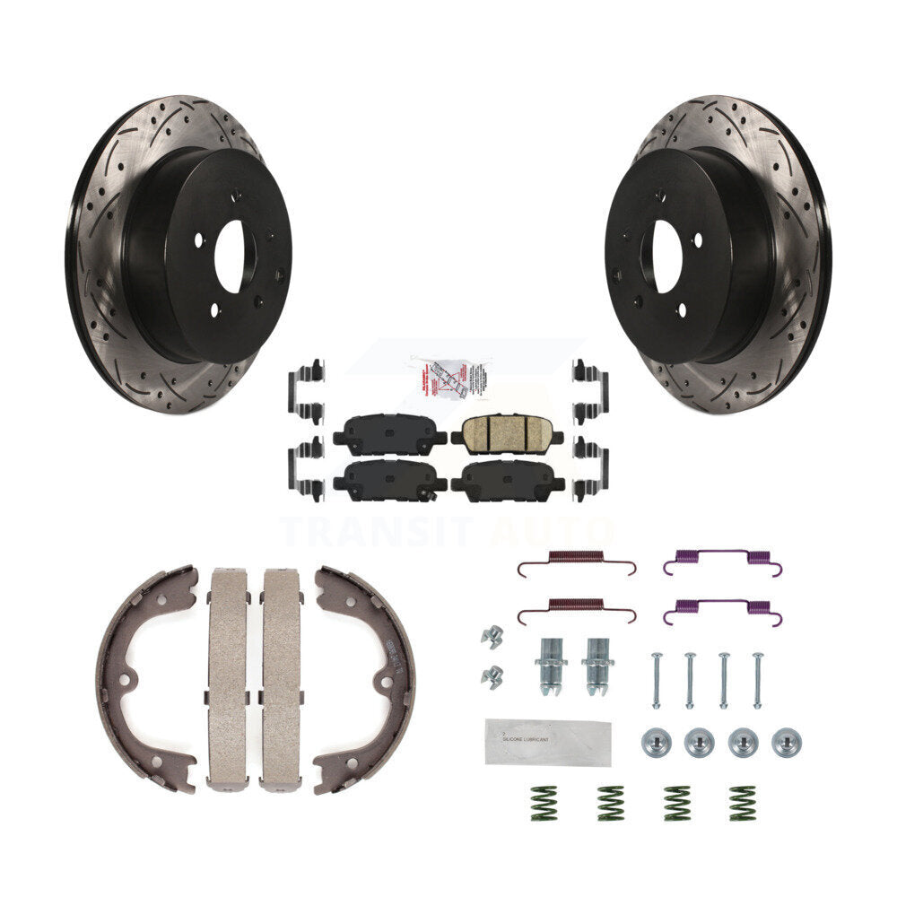 Disc Drilled & Slotted Rotors Ceramic Pads Parking Shoes Hardware Rear Kit For