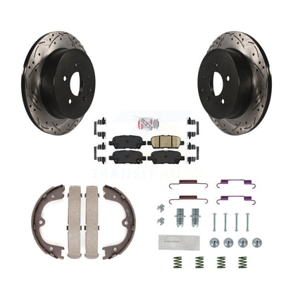 Disc Drilled & Slotted Rotors Ceramic Pads Parking Shoes Hardware Rear Kit For