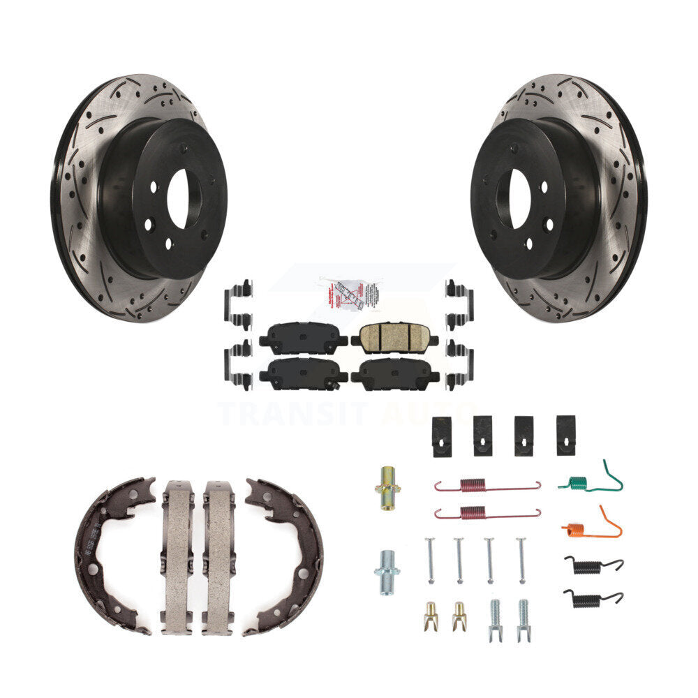 Disc Drilled & Slotted Rotors Ceramic Pads Parking Shoes Hardware Rear Kit For