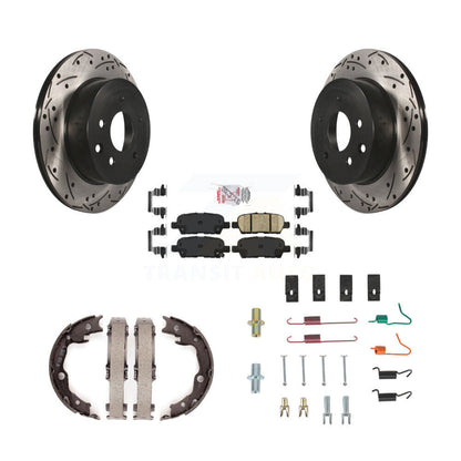 Disc Drilled & Slotted Rotors Ceramic Pads Parking Shoes Hardware Rear Kit For