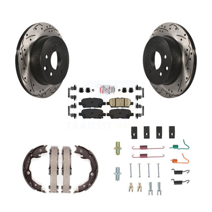 Disc Drilled & Slotted Rotors Ceramic Pads Parking Shoes Hardware Rear Kit For