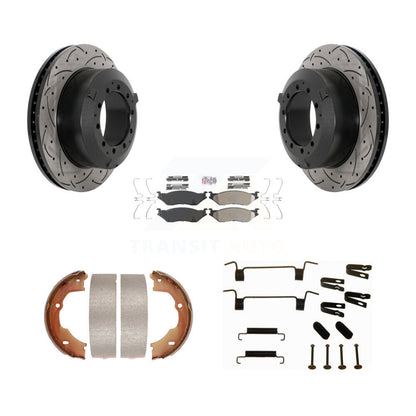 Disc Drilled & Slotted Rotors Semi-Metallic Pads Parking Shoes Hardware Rear Kit For