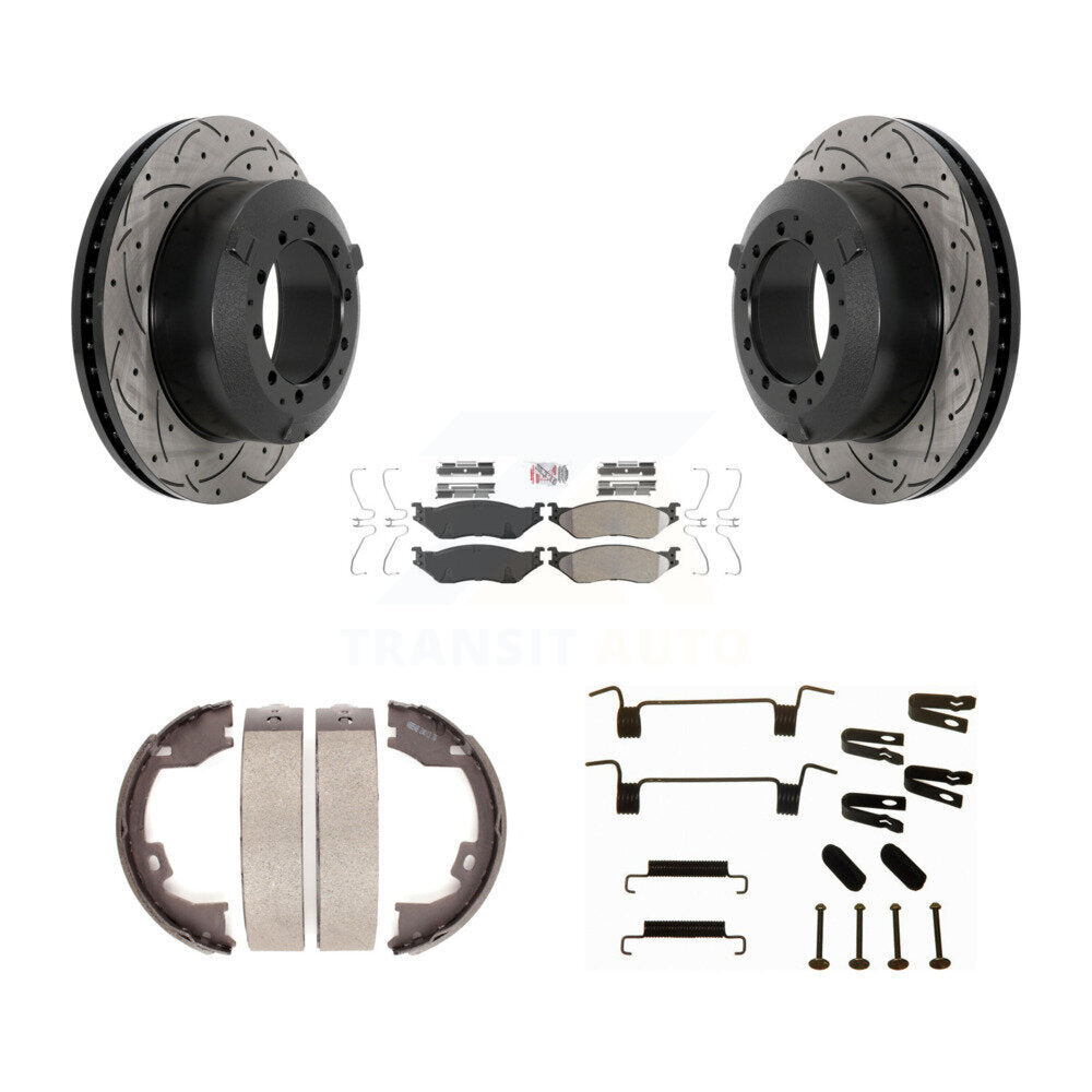 Disc Drilled & Slotted Rotors Semi-Metallic Pads Parking Shoes Hardware Rear Kit For