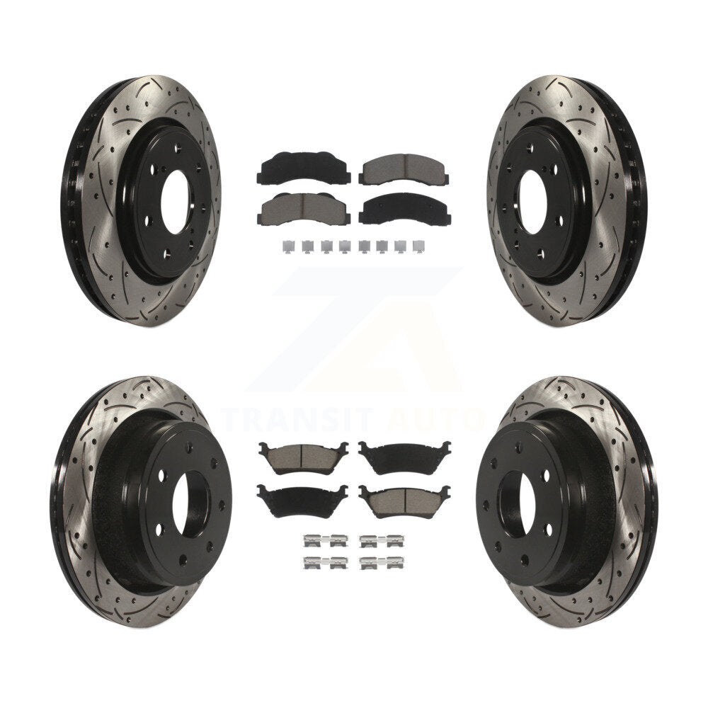 Coated Drilled Slot Disc Brake Rotor & Ceramic Pad Front Rear Kit For Ford F-150