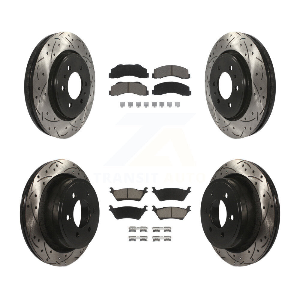 Coated Drilled Slot Disc Brake Rotor & Ceramic Pad Front Rear Kit For Ford F-150