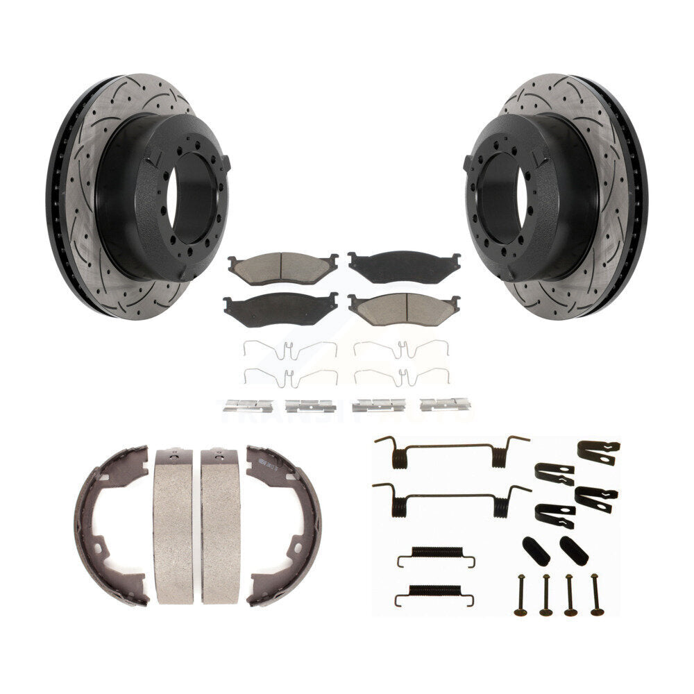 Disc Drilled & Slotted Rotors Ceramic Pads Parking Shoes Hardware Rear Kit For