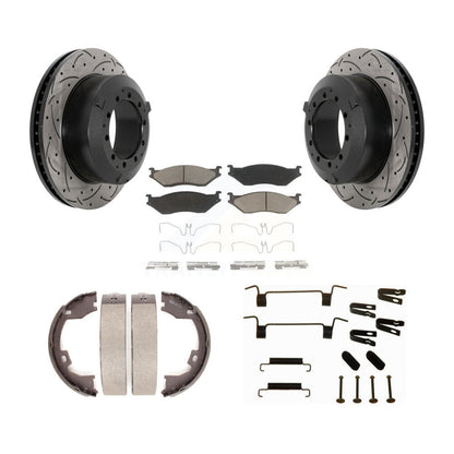 Disc Drilled & Slotted Rotors Ceramic Pads Parking Shoes Hardware Rear Kit For