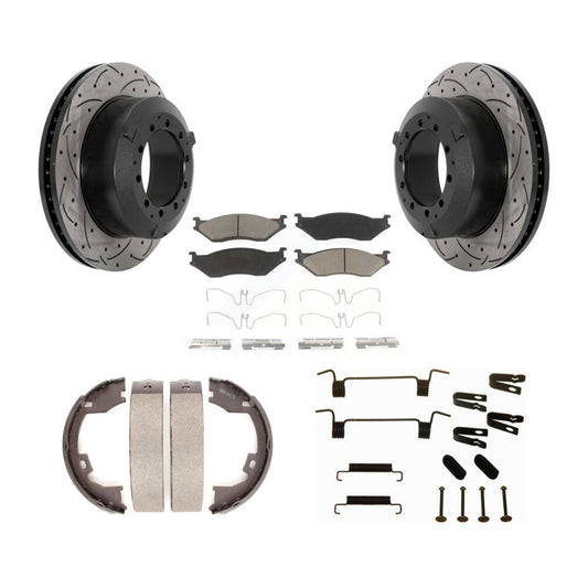 Disc Drilled & Slotted Rotors Ceramic Pads Parking Shoes Hardware Rear Kit For