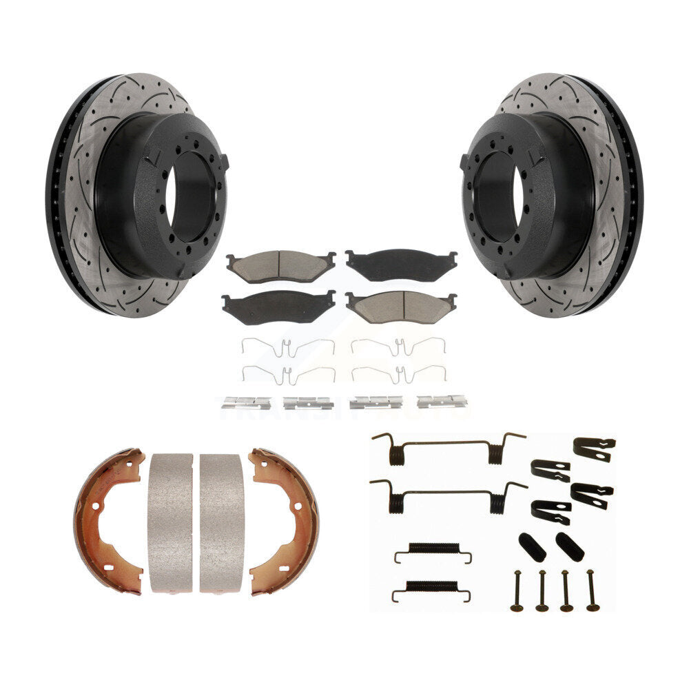 Disc Drilled & Slotted Rotors Ceramic Pads Parking Shoes Hardware Rear Kit For