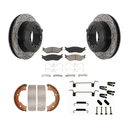 Disc Drilled & Slotted Rotors Ceramic Pads Parking Shoes Hardware Rear Kit For
