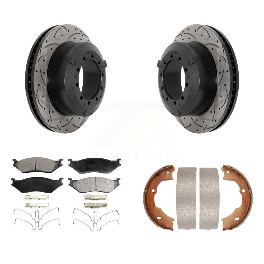 Disc Drilled & Slotted Rotors Semi-Metallic Pads Parking Shoes Rear Kit For Ford